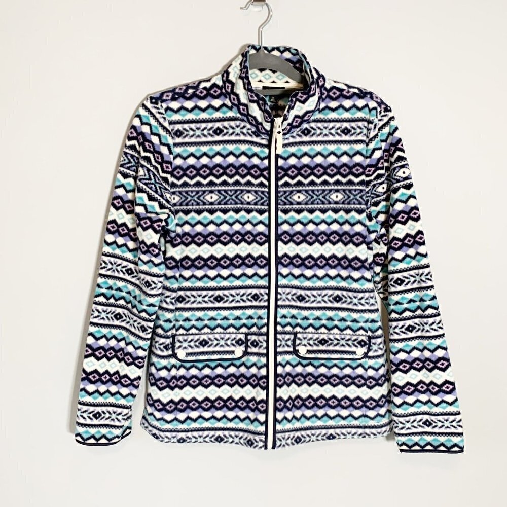 Talbots Womens Medium Full Zip Fleece Jacket Blue Purple Geometric Fair Isle